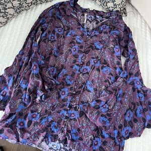Free People Plum and Cobalt Floral Blouse